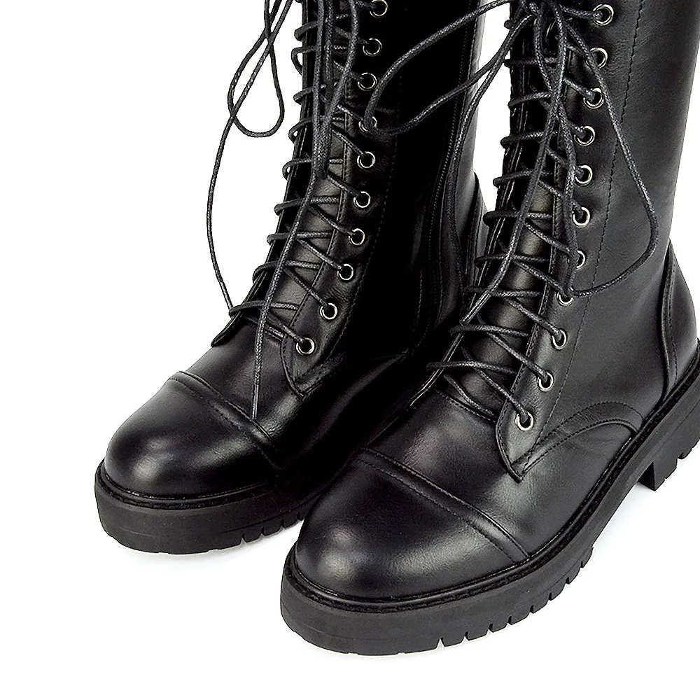 Vera Mid-Calf Combat Military Biker Heeled Ankle Boots in Black Synthetic Leather