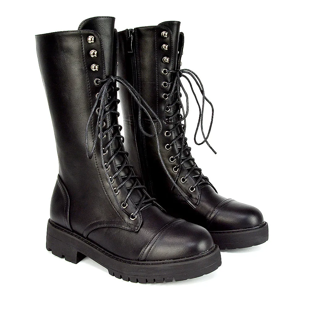 Vera Mid-Calf Combat Military Biker Heeled Ankle Boots in Black Synthetic Leather