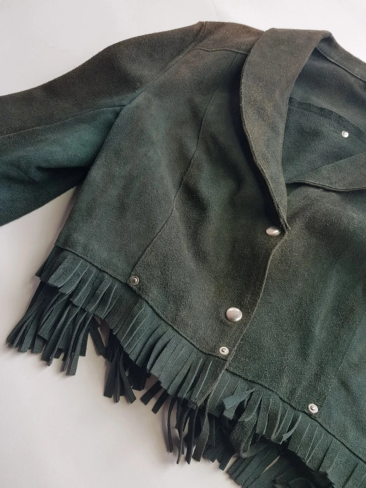 Vintage 100% Genuine Suede Motorcycle Tassel Jacket - Muted Green - Metal Hardware