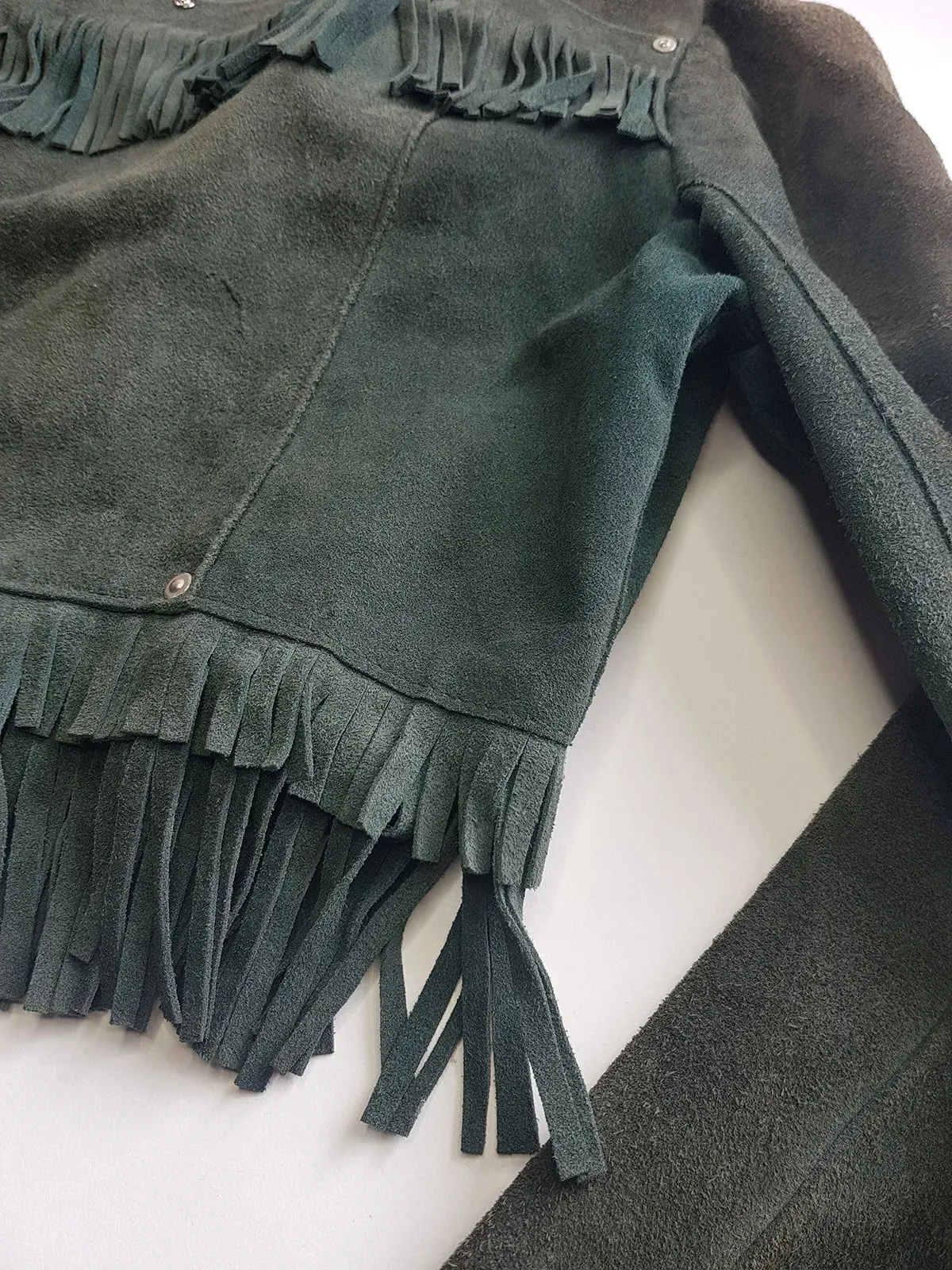 Vintage 100% Genuine Suede Motorcycle Tassel Jacket - Muted Green - Metal Hardware