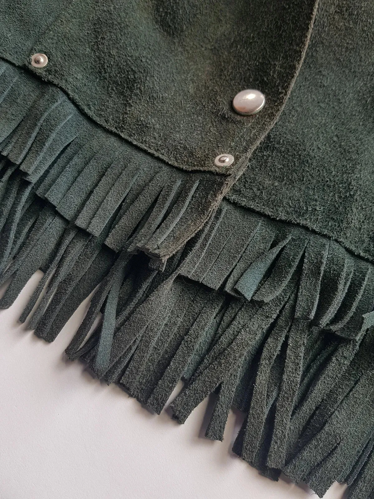 Vintage 100% Genuine Suede Motorcycle Tassel Jacket - Muted Green - Metal Hardware