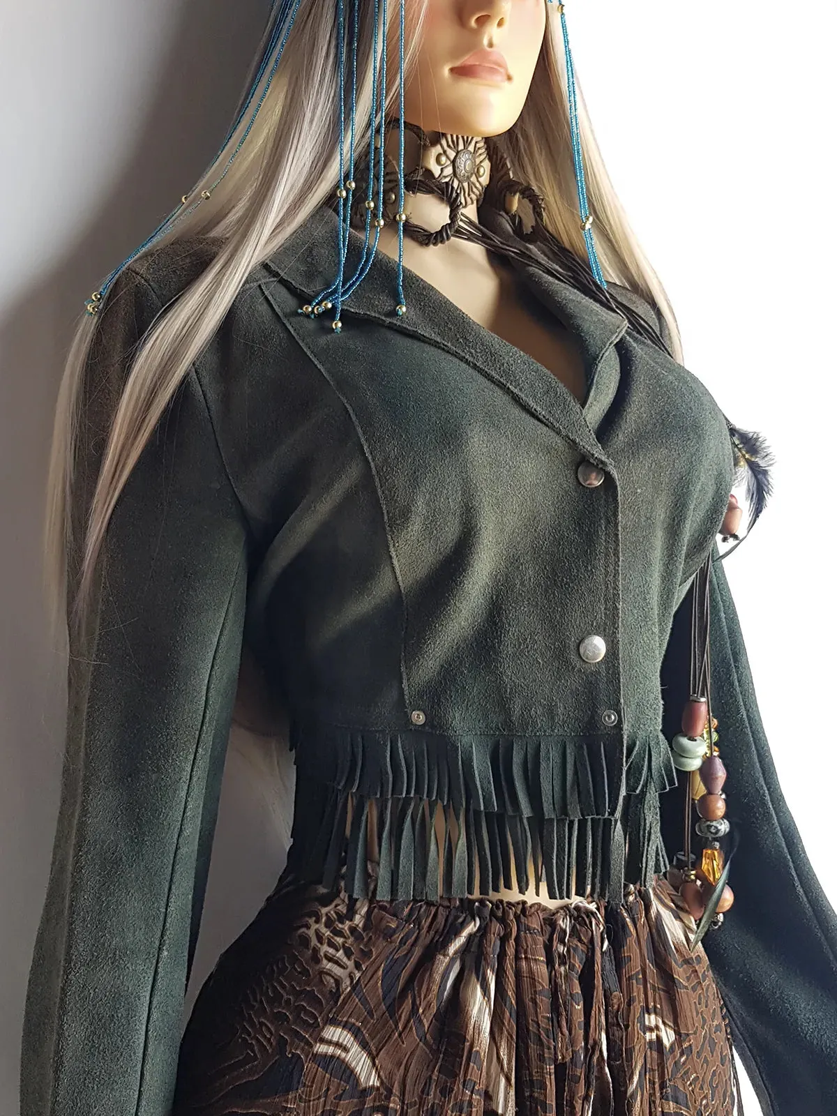 Vintage 100% Genuine Suede Motorcycle Tassel Jacket - Muted Green - Metal Hardware