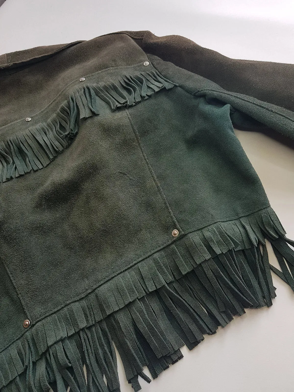 Vintage 100% Genuine Suede Motorcycle Tassel Jacket - Muted Green - Metal Hardware