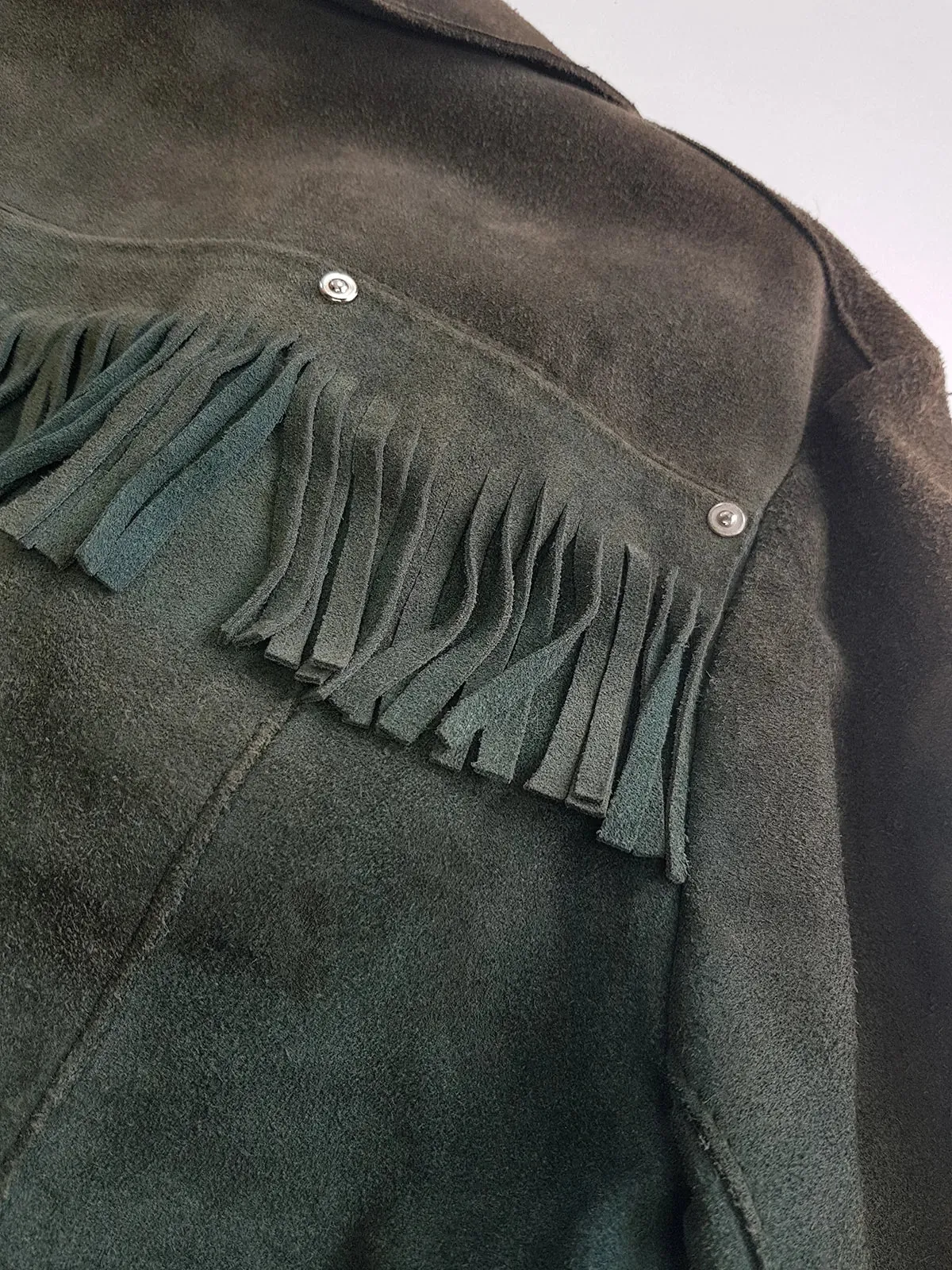 Vintage 100% Genuine Suede Motorcycle Tassel Jacket - Muted Green - Metal Hardware