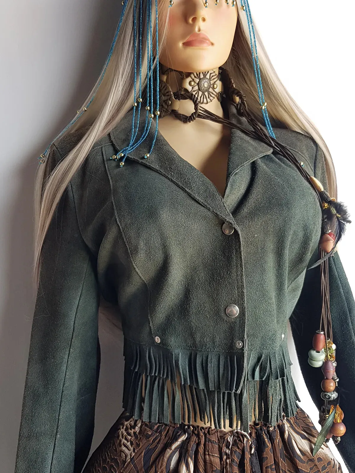 Vintage 100% Genuine Suede Motorcycle Tassel Jacket - Muted Green - Metal Hardware