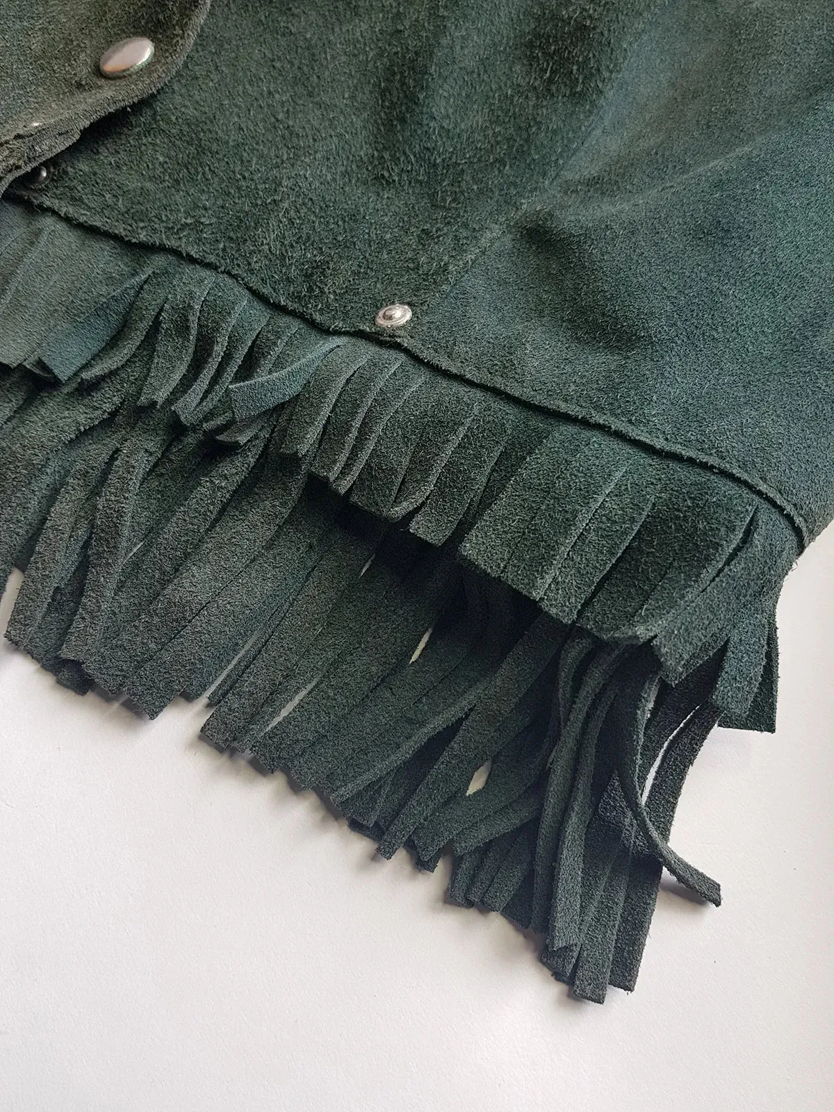 Vintage 100% Genuine Suede Motorcycle Tassel Jacket - Muted Green - Metal Hardware