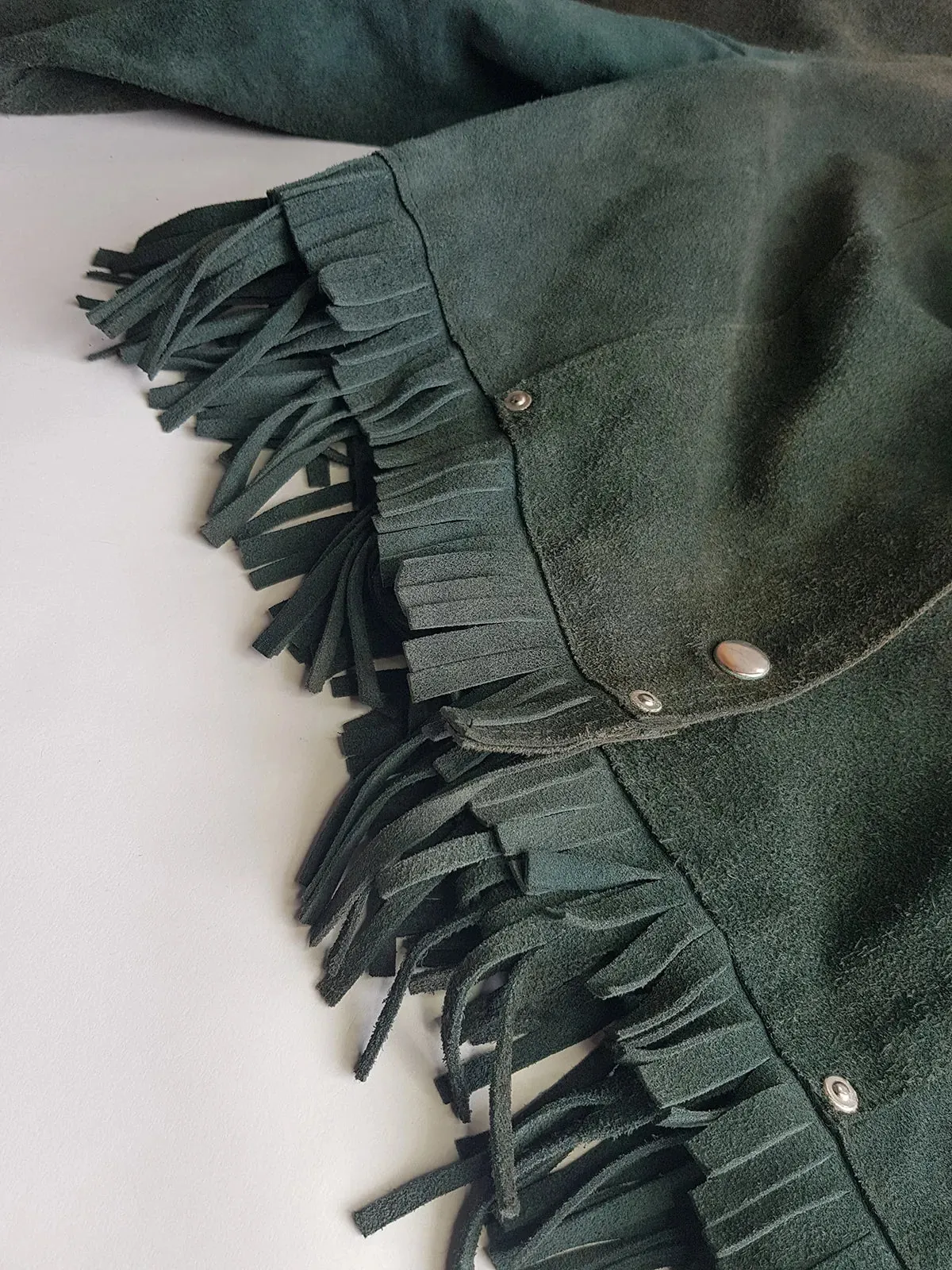 Vintage 100% Genuine Suede Motorcycle Tassel Jacket - Muted Green - Metal Hardware