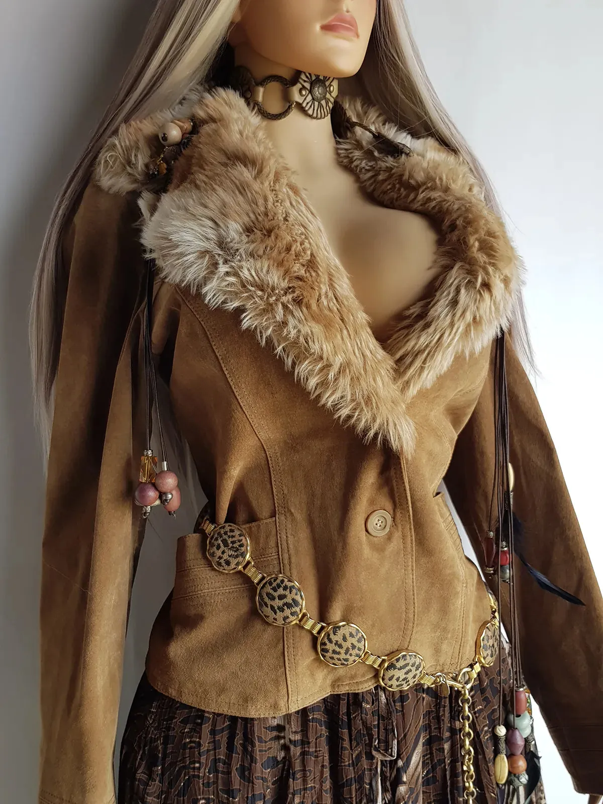 Vintage 2000s Perfect 100% Genuine Suede Jacket - Rich Tan - Tie Waist - Vegan Fur Collar