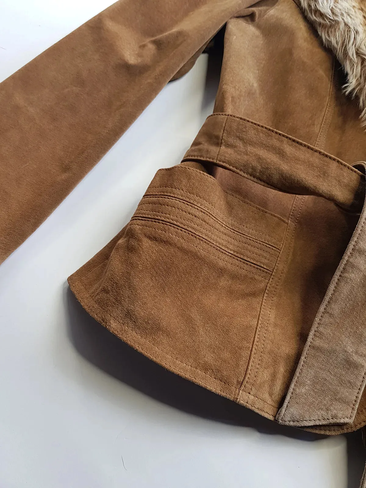 Vintage 2000s Perfect 100% Genuine Suede Jacket - Rich Tan - Tie Waist - Vegan Fur Collar