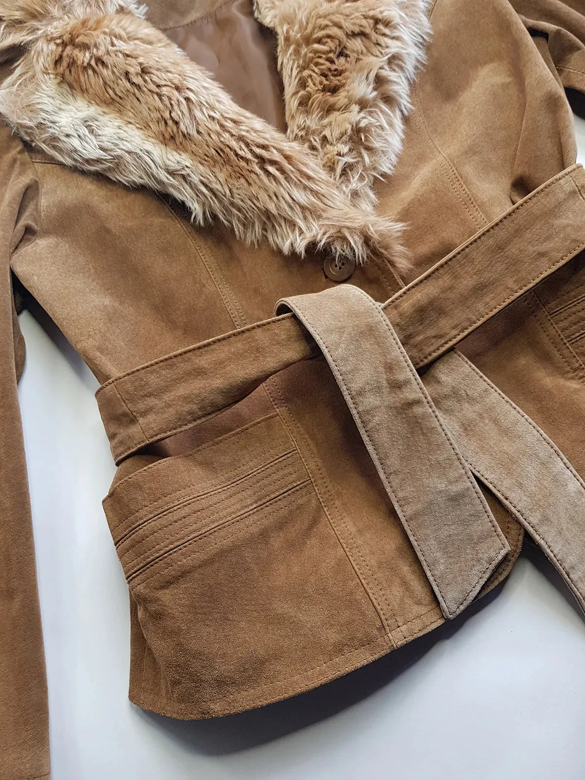 Vintage 2000s Perfect 100% Genuine Suede Jacket - Rich Tan - Tie Waist - Vegan Fur Collar