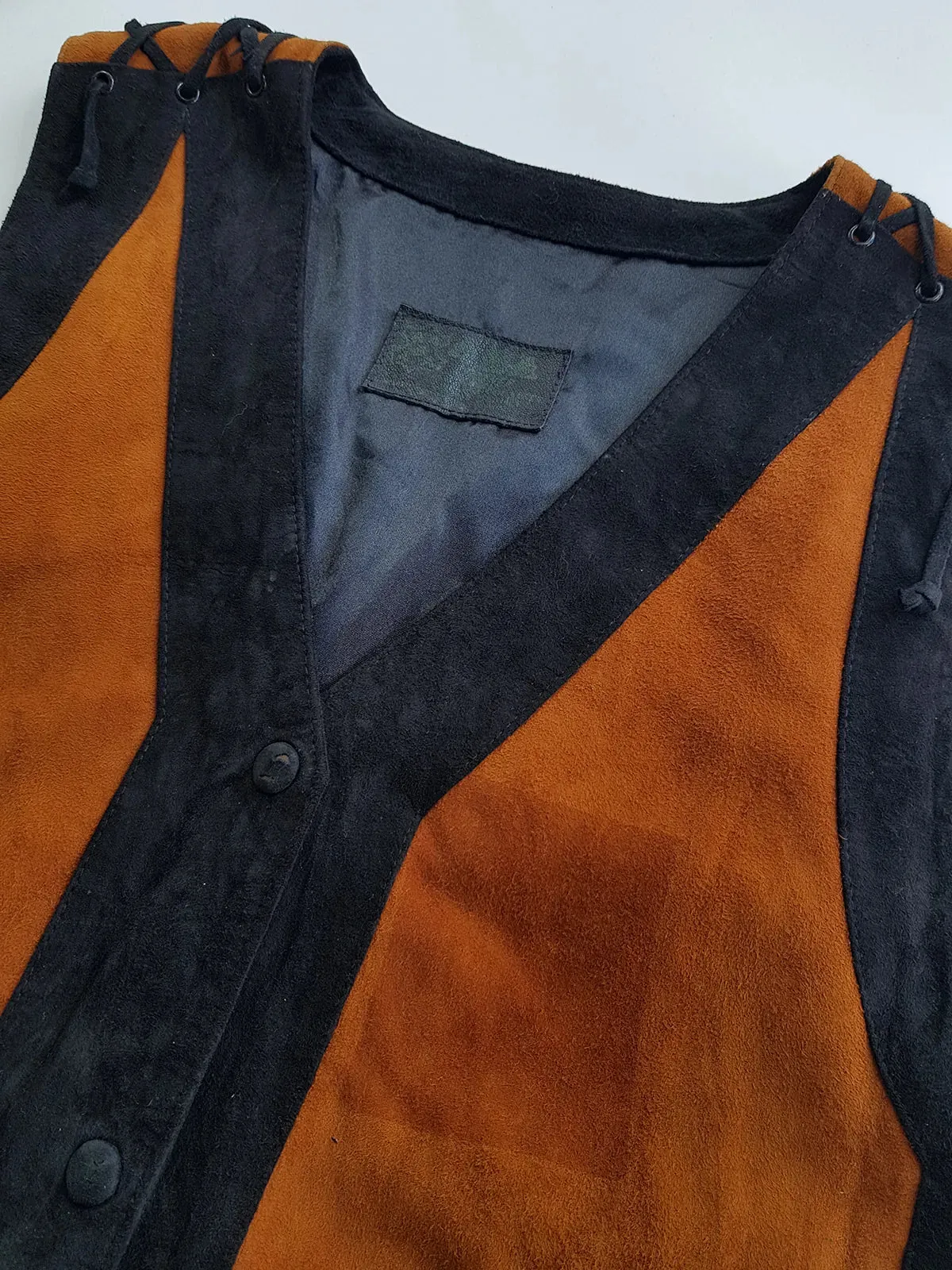 Vintage Aged & Worn Perfectly - Buttery Soft 100% Genuine Suede Motorcycle Vest - Black & Tobacco - Tie Lacing Features & Metal Hardware - Fully Lined - 1980s