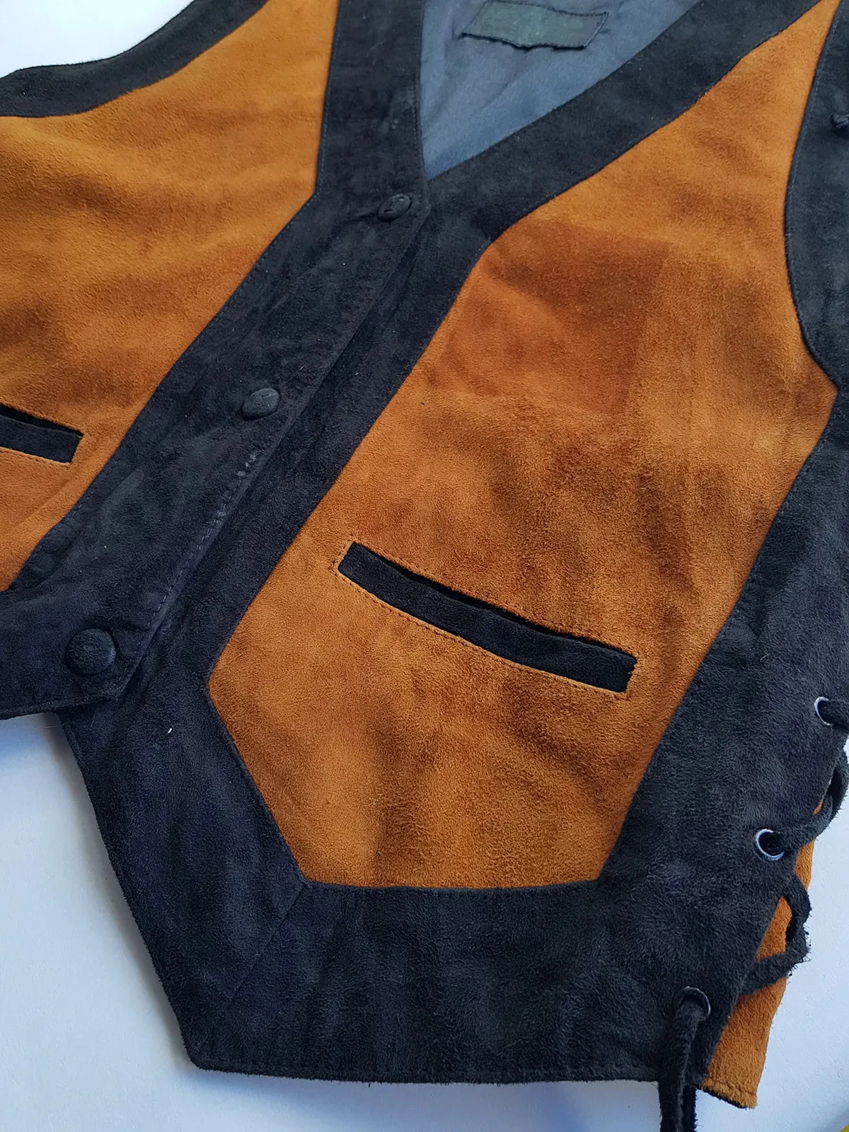 Vintage Aged & Worn Perfectly - Buttery Soft 100% Genuine Suede Motorcycle Vest - Black & Tobacco - Tie Lacing Features & Metal Hardware - Fully Lined - 1980s