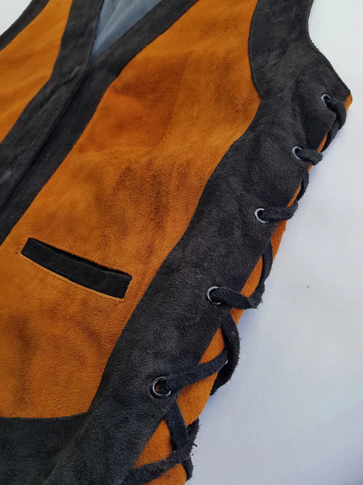 Vintage Aged & Worn Perfectly - Buttery Soft 100% Genuine Suede Motorcycle Vest - Black & Tobacco - Tie Lacing Features & Metal Hardware - Fully Lined - 1980s