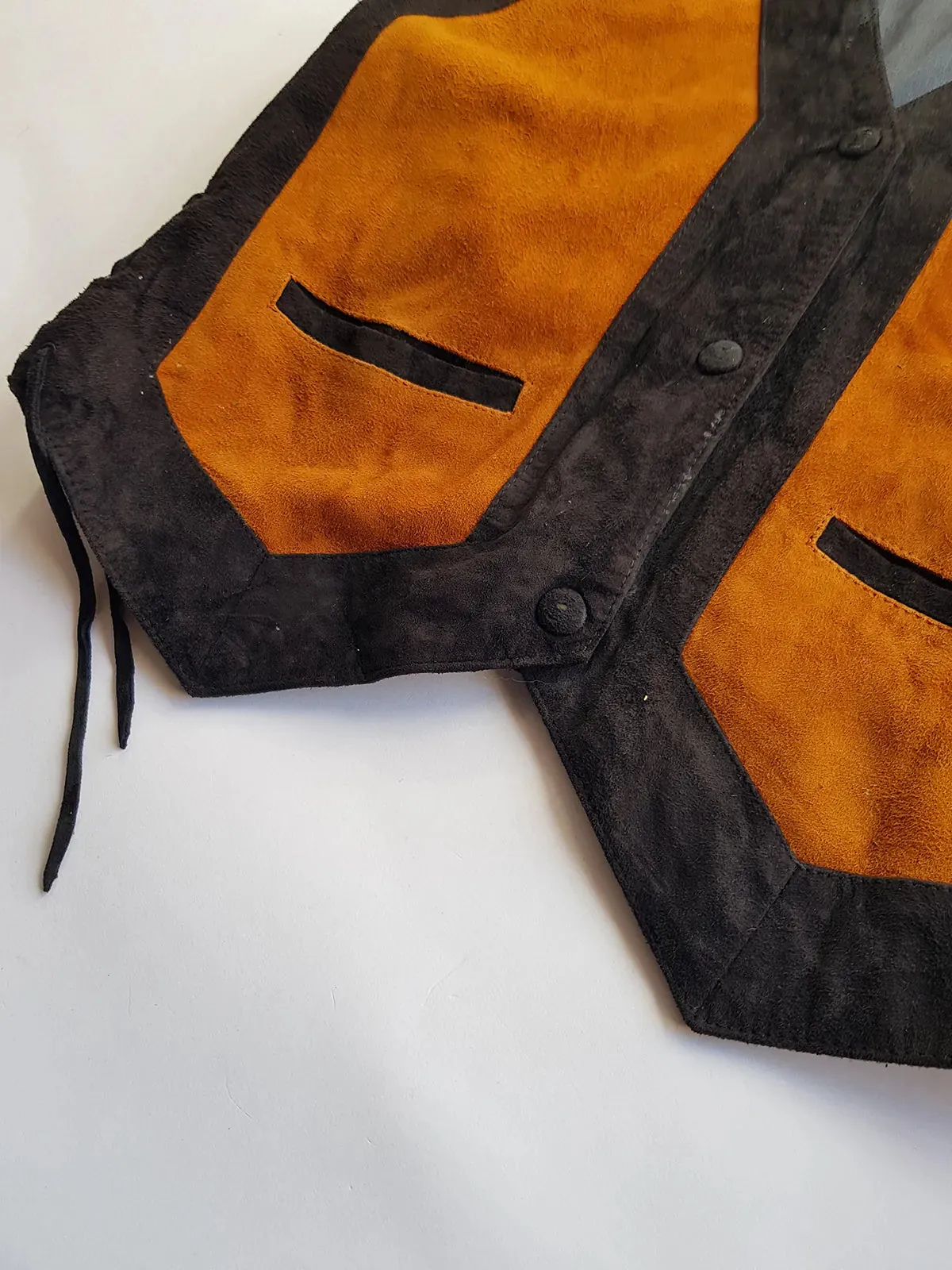 Vintage Aged & Worn Perfectly - Buttery Soft 100% Genuine Suede Motorcycle Vest - Black & Tobacco - Tie Lacing Features & Metal Hardware - Fully Lined - 1980s