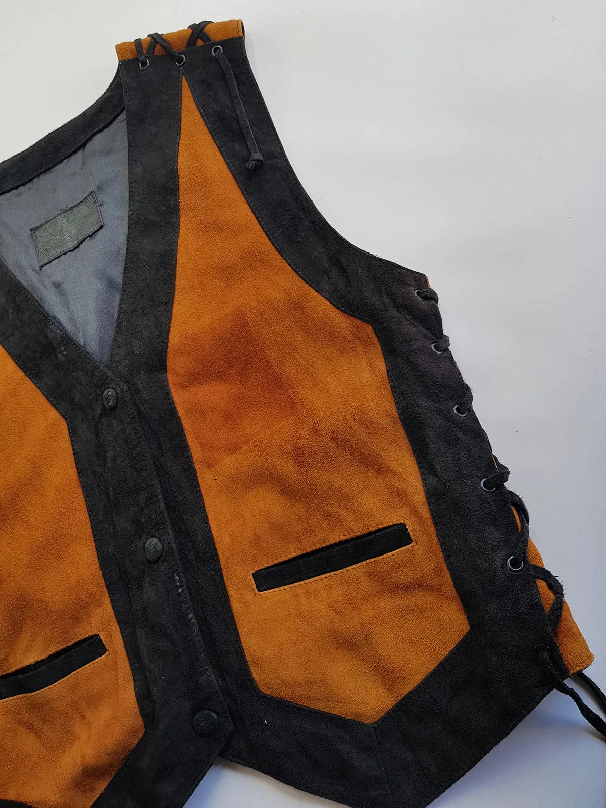 Vintage Aged & Worn Perfectly - Buttery Soft 100% Genuine Suede Motorcycle Vest - Black & Tobacco - Tie Lacing Features & Metal Hardware - Fully Lined - 1980s