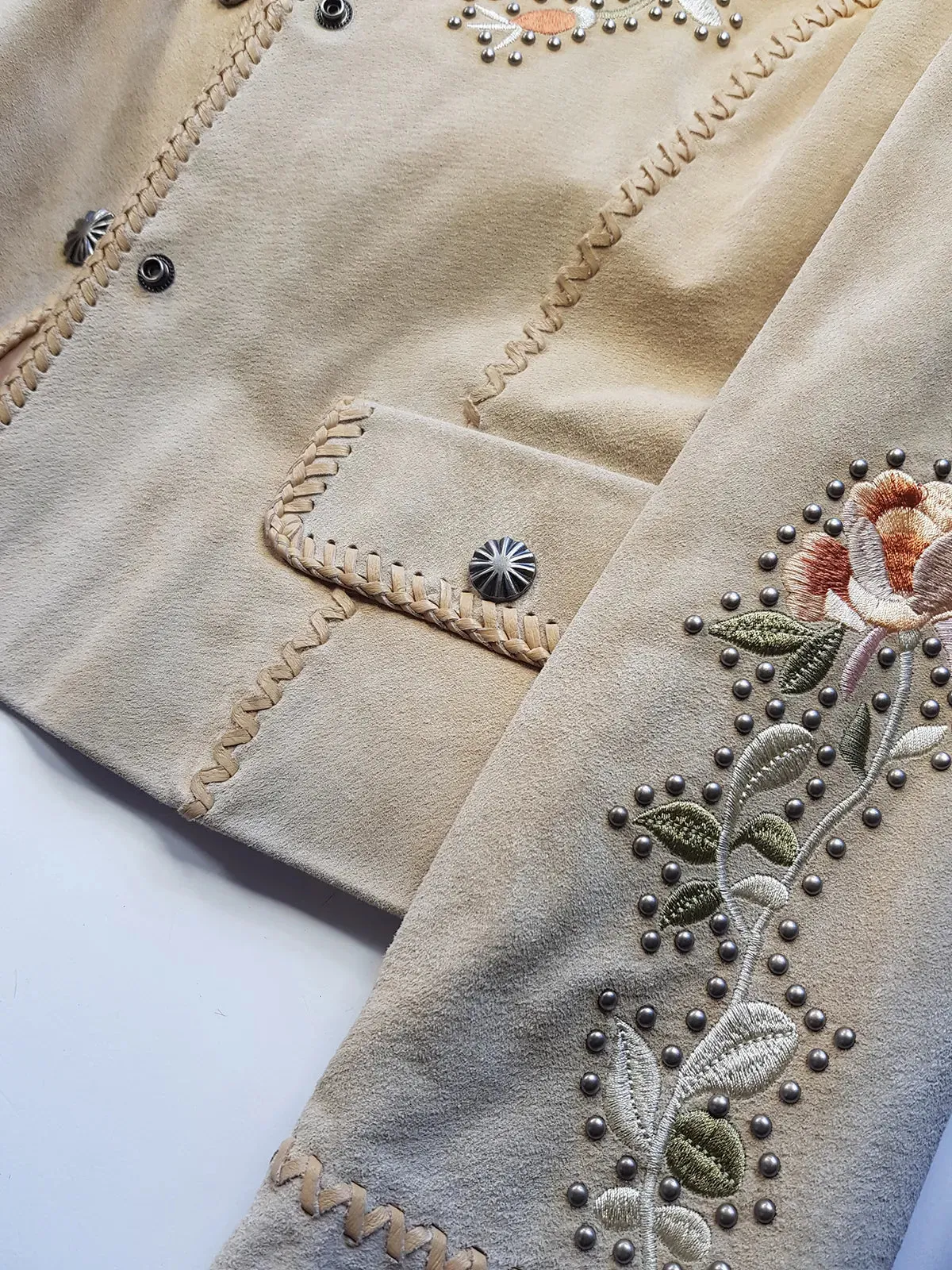 Vintage Embroidered & Studded Suede Jacket with intricate leatherwork detailing