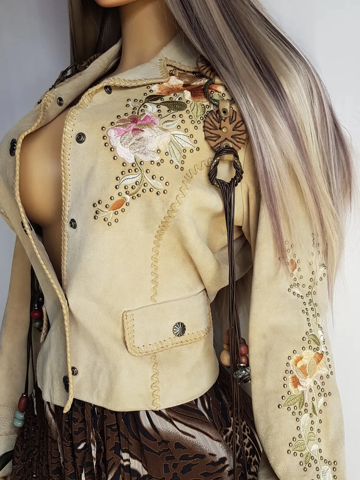 Vintage Embroidered & Studded Suede Jacket with intricate leatherwork detailing