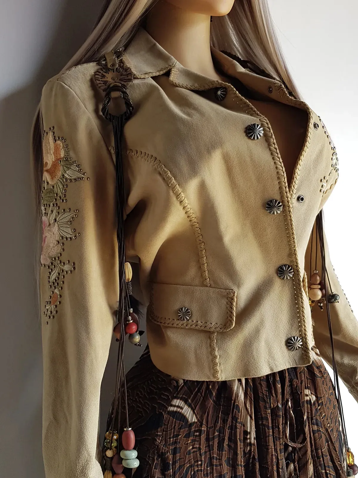 Vintage Embroidered & Studded Suede Jacket with intricate leatherwork detailing