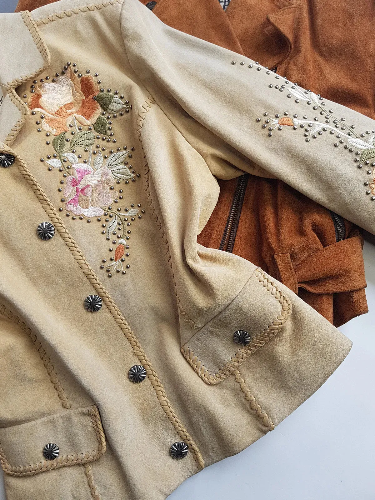 Vintage Embroidered & Studded Suede Jacket with intricate leatherwork detailing