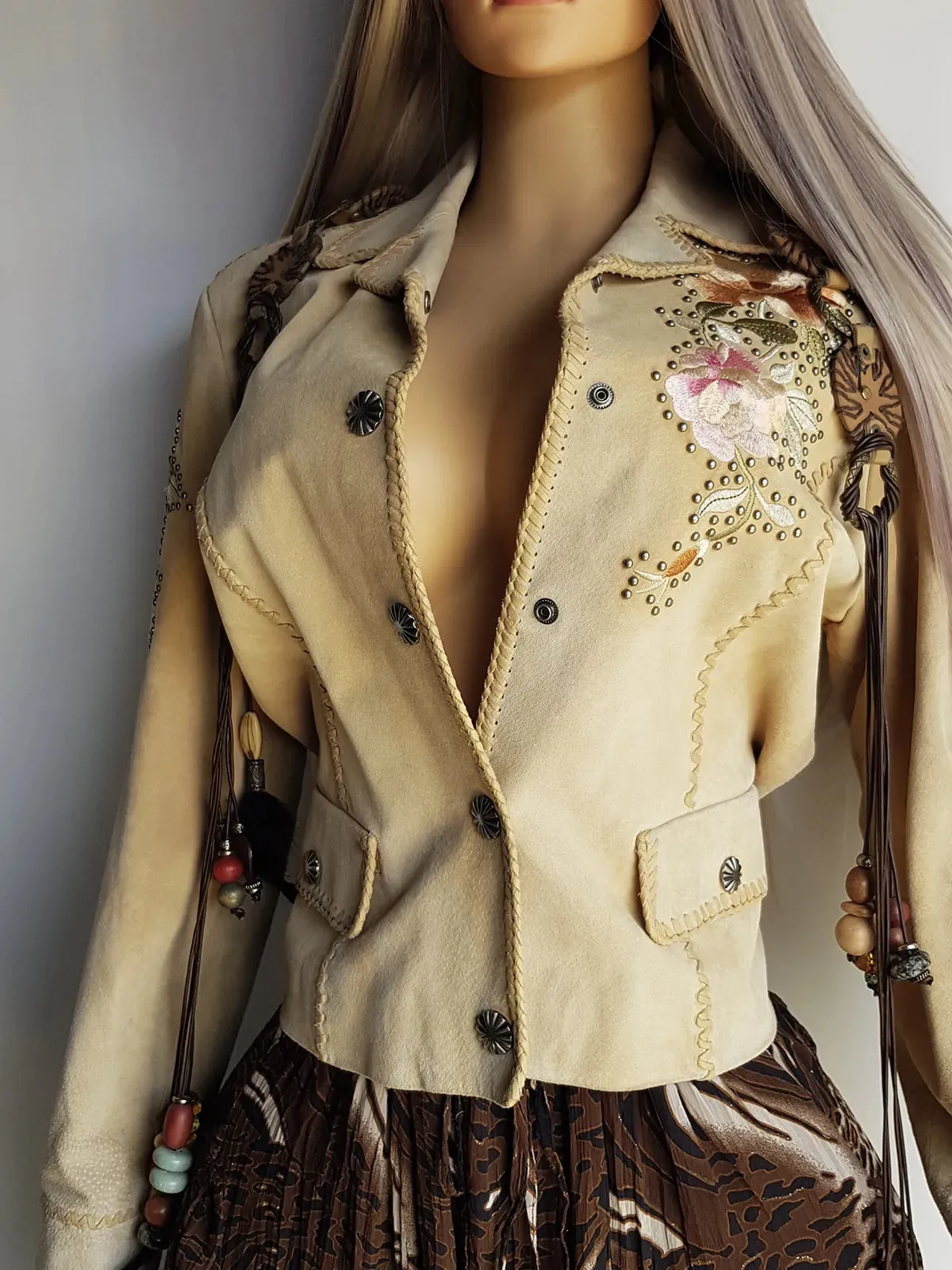 Vintage Embroidered & Studded Suede Jacket with intricate leatherwork detailing