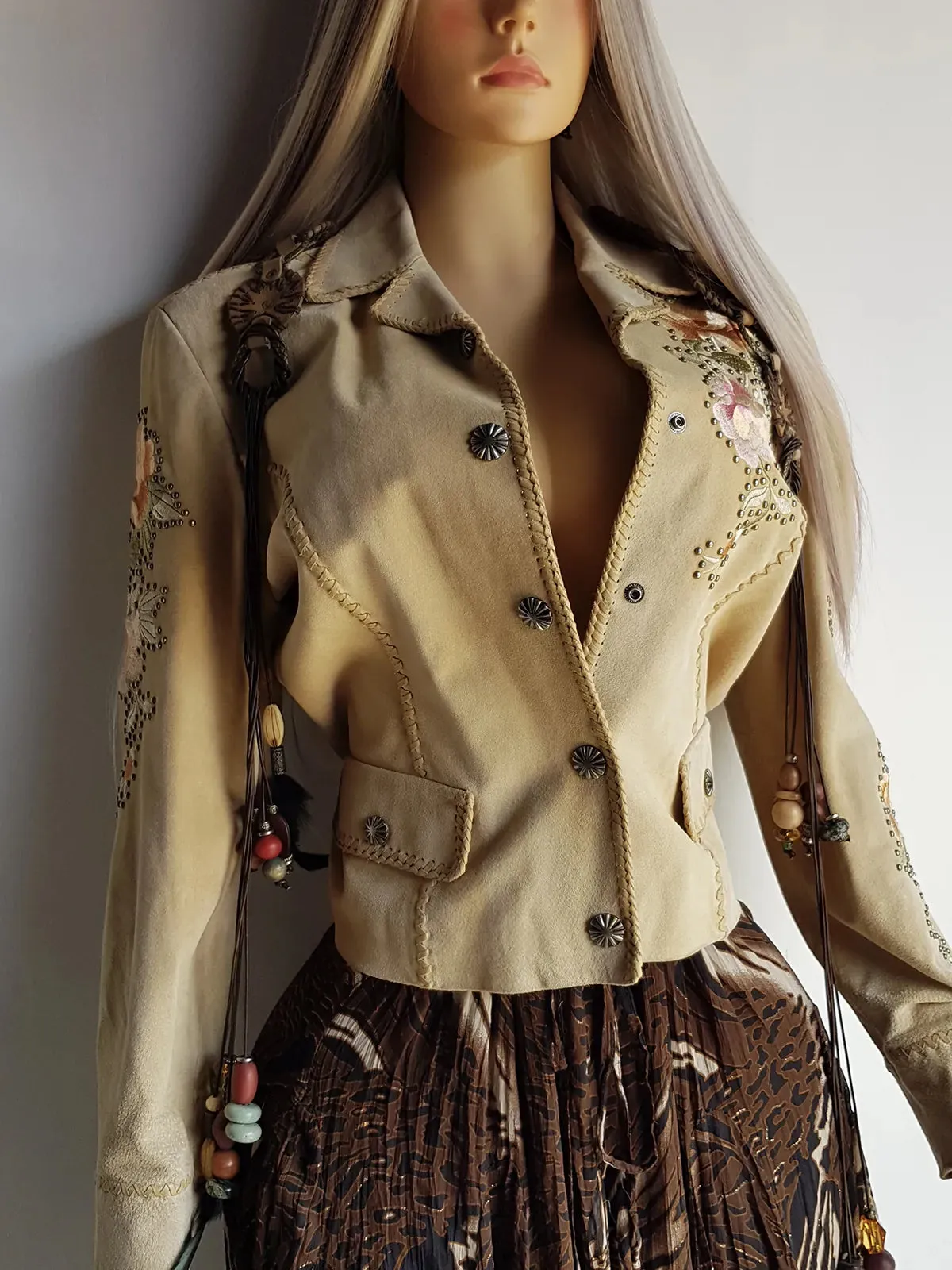 Vintage Embroidered & Studded Suede Jacket with intricate leatherwork detailing