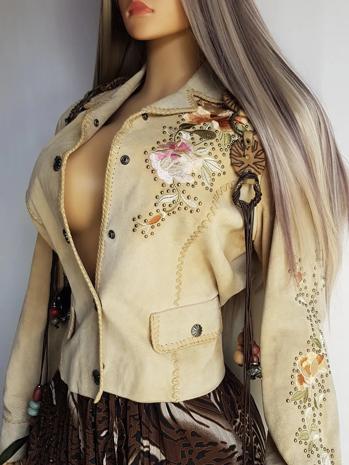 Vintage Embroidered & Studded Suede Jacket with intricate leatherwork detailing