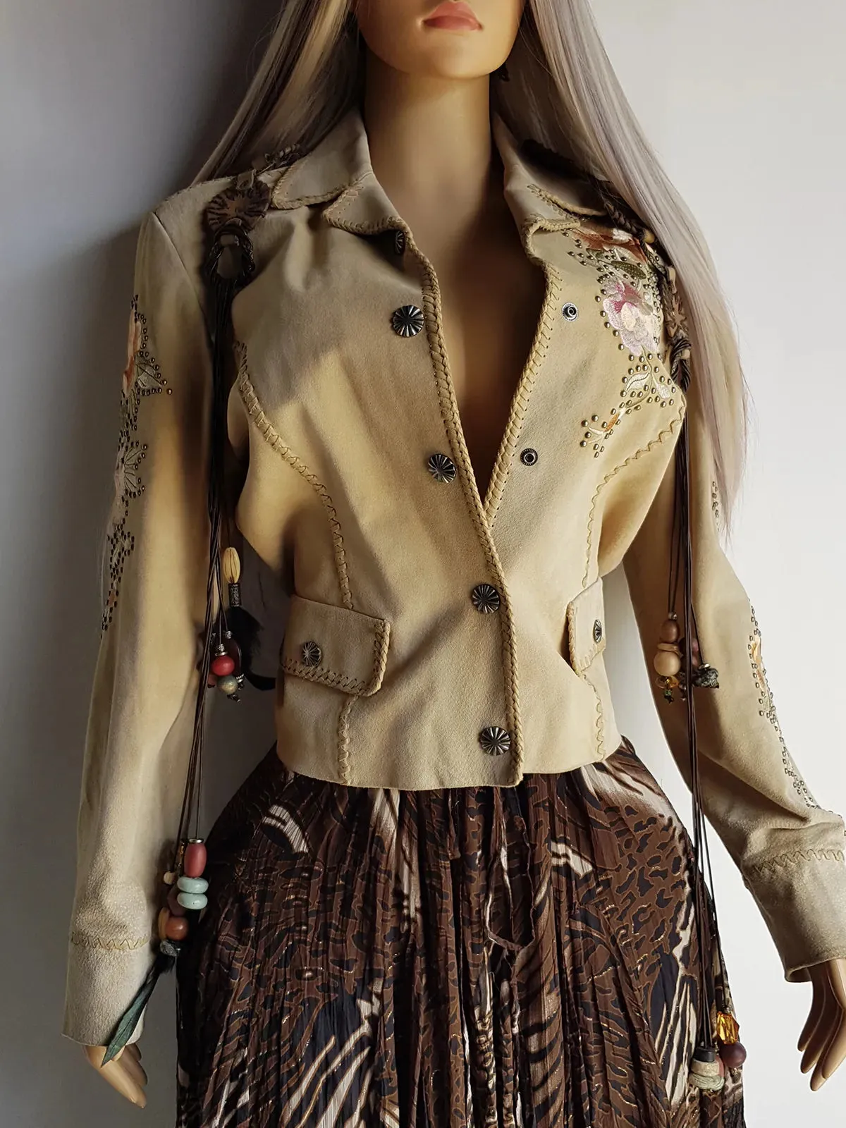 Vintage Embroidered & Studded Suede Jacket with intricate leatherwork detailing