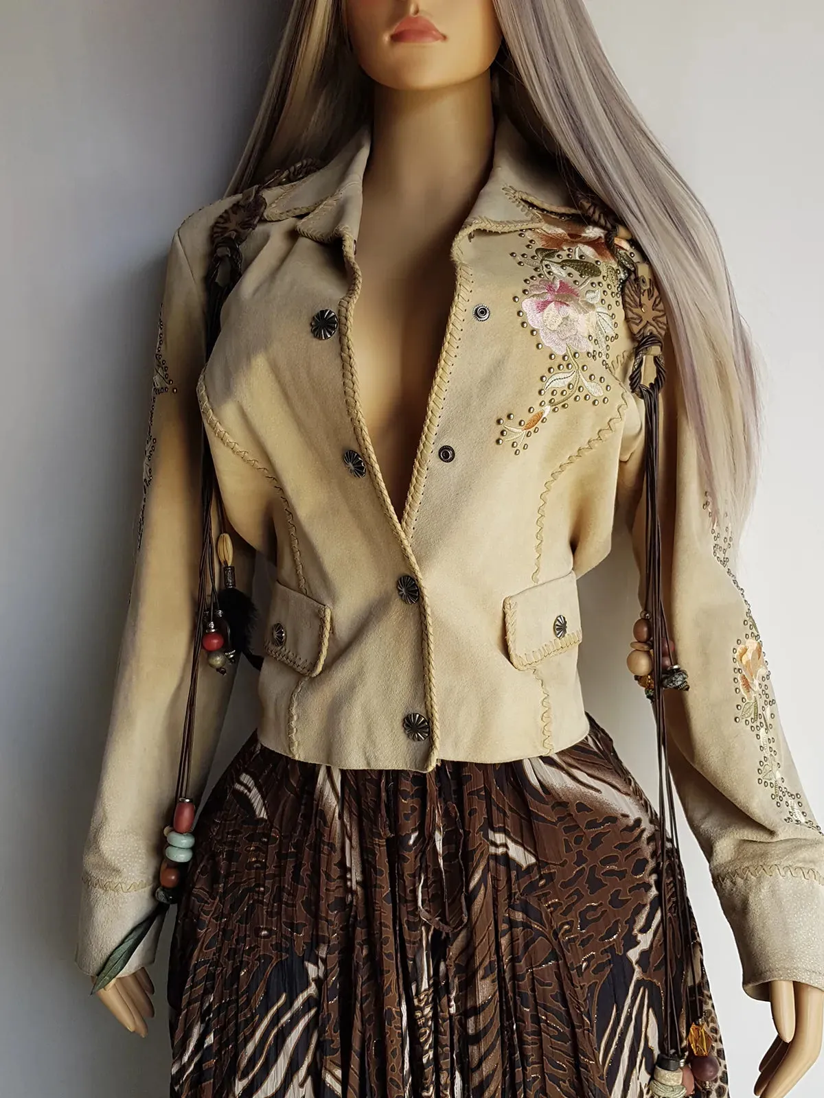 Vintage Embroidered & Studded Suede Jacket with intricate leatherwork detailing