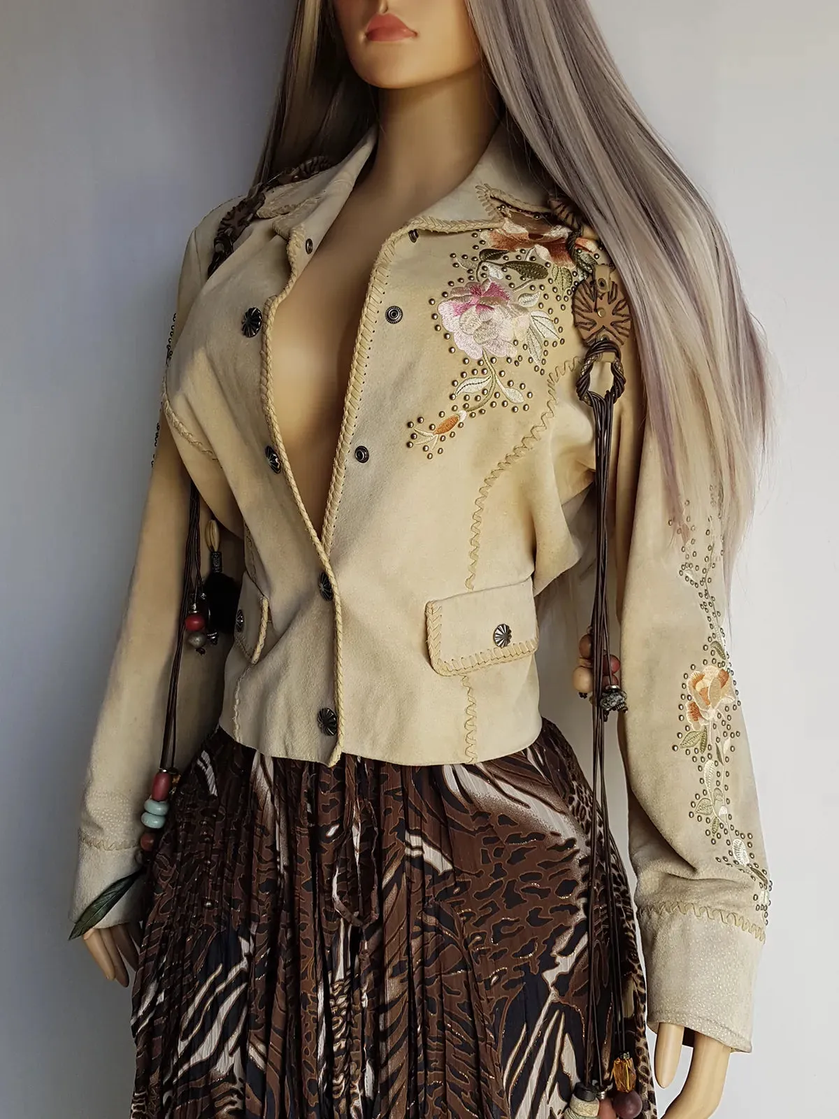 Vintage Embroidered & Studded Suede Jacket with intricate leatherwork detailing