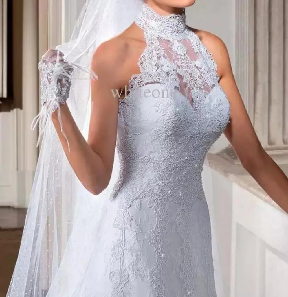 Vintage High Neck Long A-Line  Bridal Gown