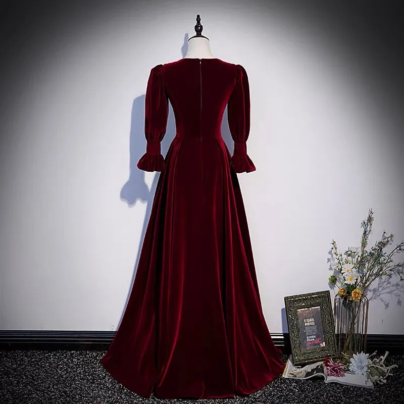 Vintage Long Sleeve Burgundy Velvet Prom Dress