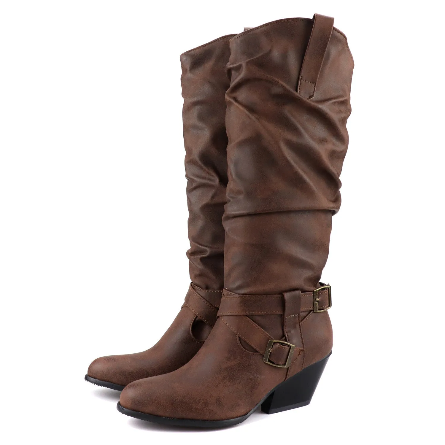 Vintage slouchy knee high motorcycle boots block heels western boots