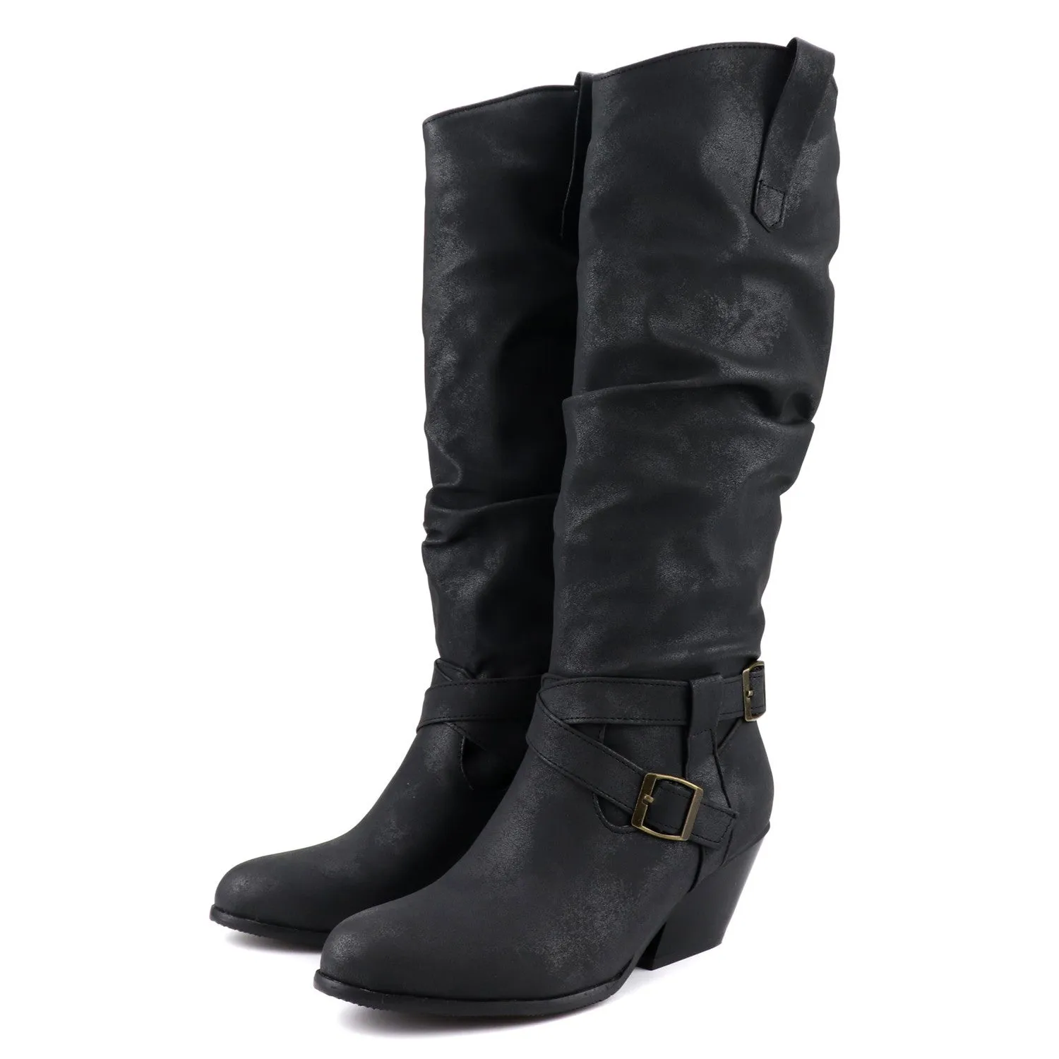 Vintage slouchy knee high motorcycle boots block heels western boots