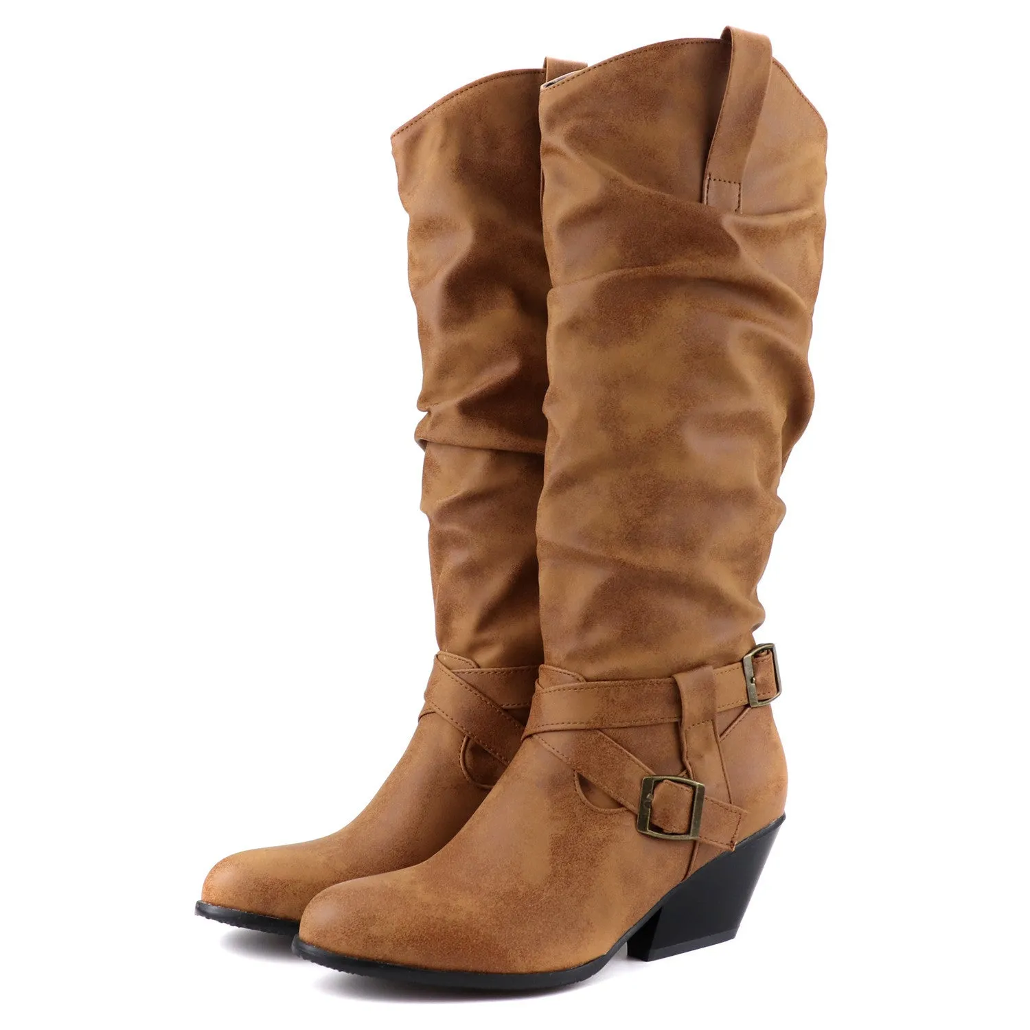 Vintage slouchy knee high motorcycle boots block heels western boots