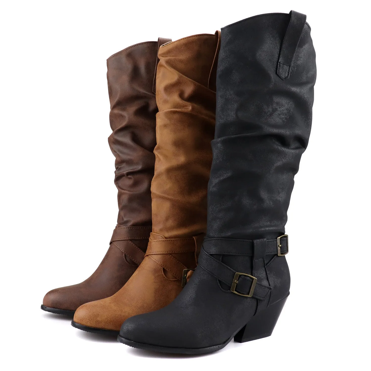 Vintage slouchy knee high motorcycle boots block heels western boots