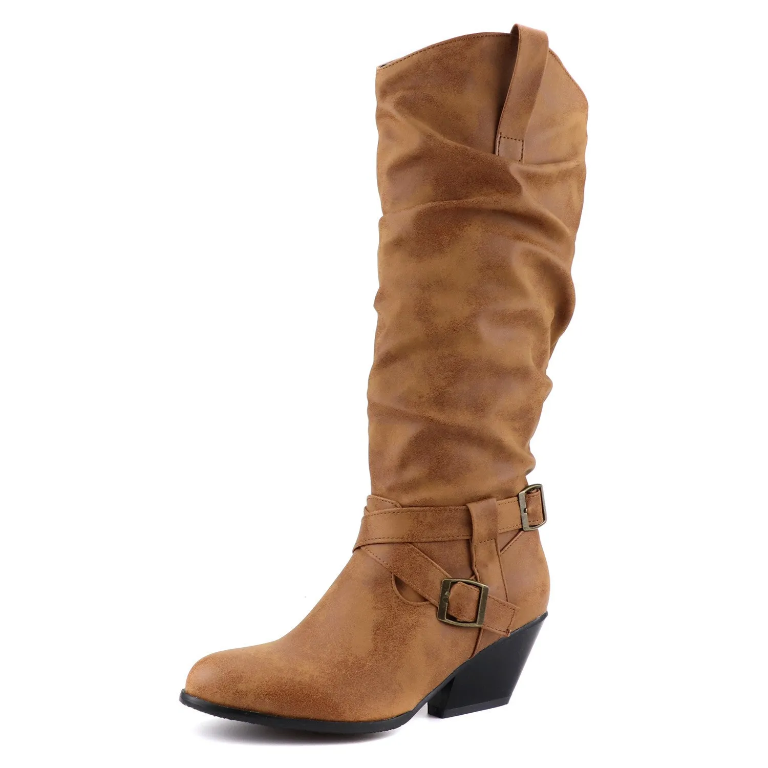 Vintage slouchy knee high motorcycle boots block heels western boots