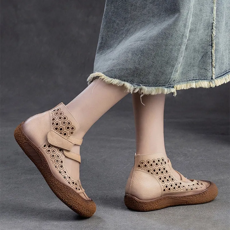 Vintage Summer Boots Sandals Hollowed Round Toe Velcro Ankle Leather Sandals