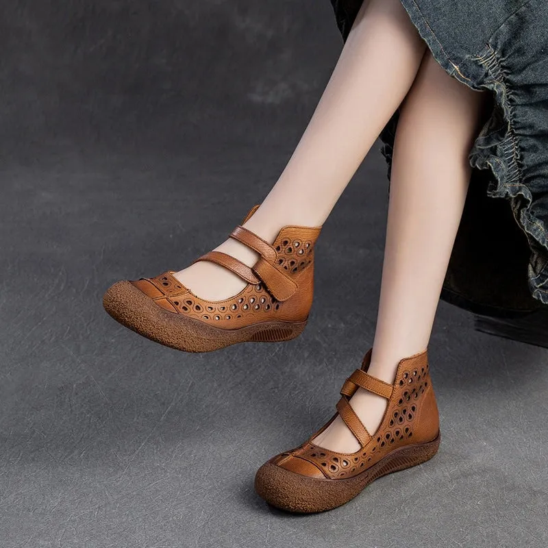 Vintage Summer Boots Sandals Hollowed Round Toe Velcro Ankle Leather Sandals