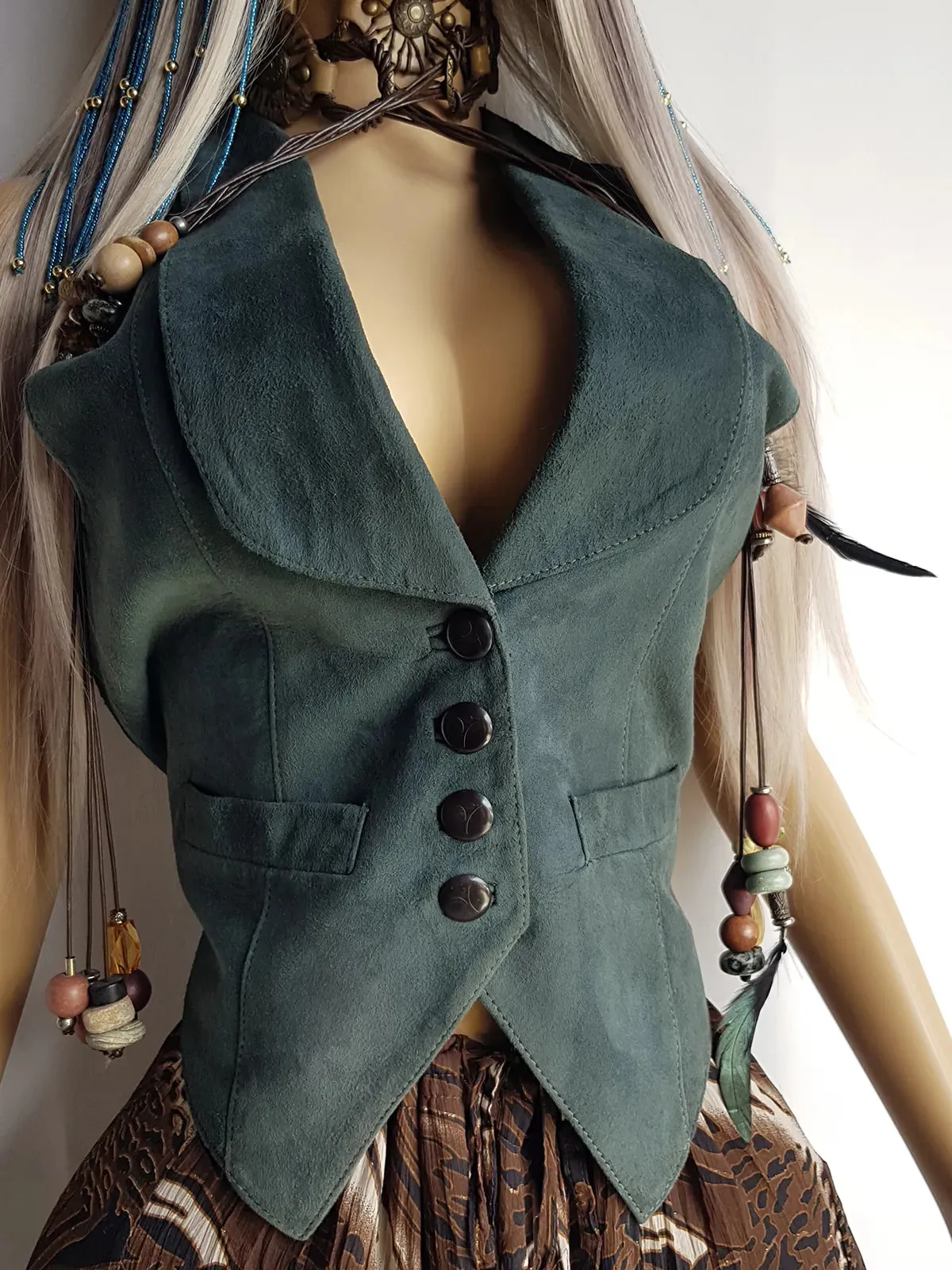 Vintage Whimsigoth Buttery Soft Hourglass 100% Genuine Suede Motorcycle Vest - Deep Sea Green - Button Front - Fully Lined - 1980s