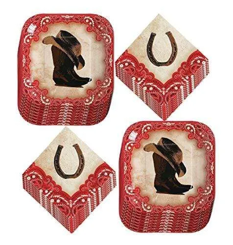 Western Party Supplies - Cowboy Hat and Boot Paper Dessert Plates and Horseshoe Beverage Napkins (Serves 16)