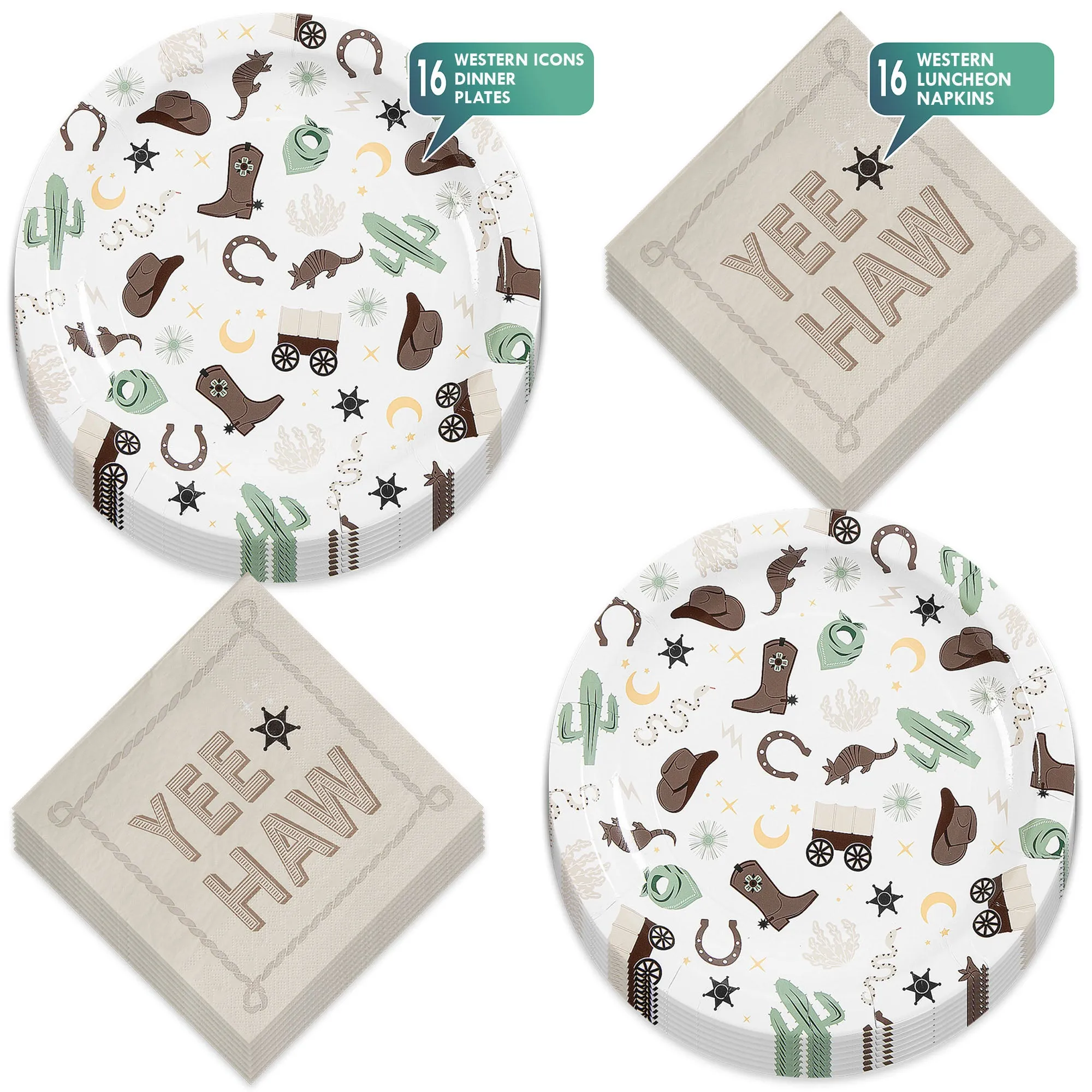 Western Party Supplies - Wild West Round Paper Plates and Yee Haw Napkins (Serves 16)