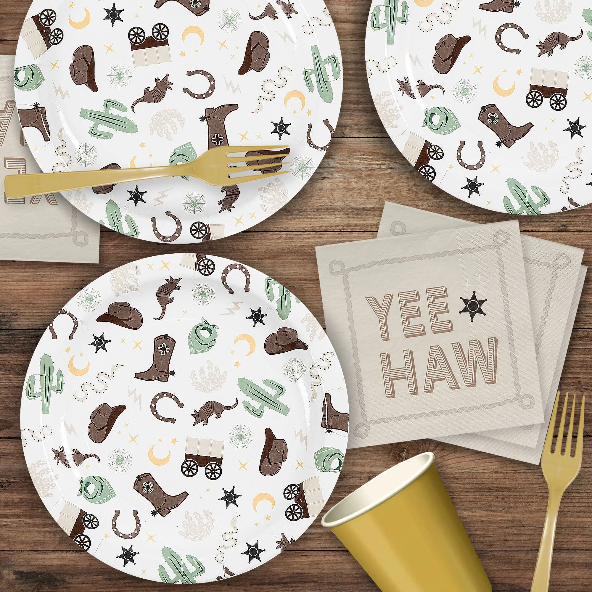 Western Party Supplies - Wild West Round Paper Plates and Yee Haw Napkins (Serves 16)