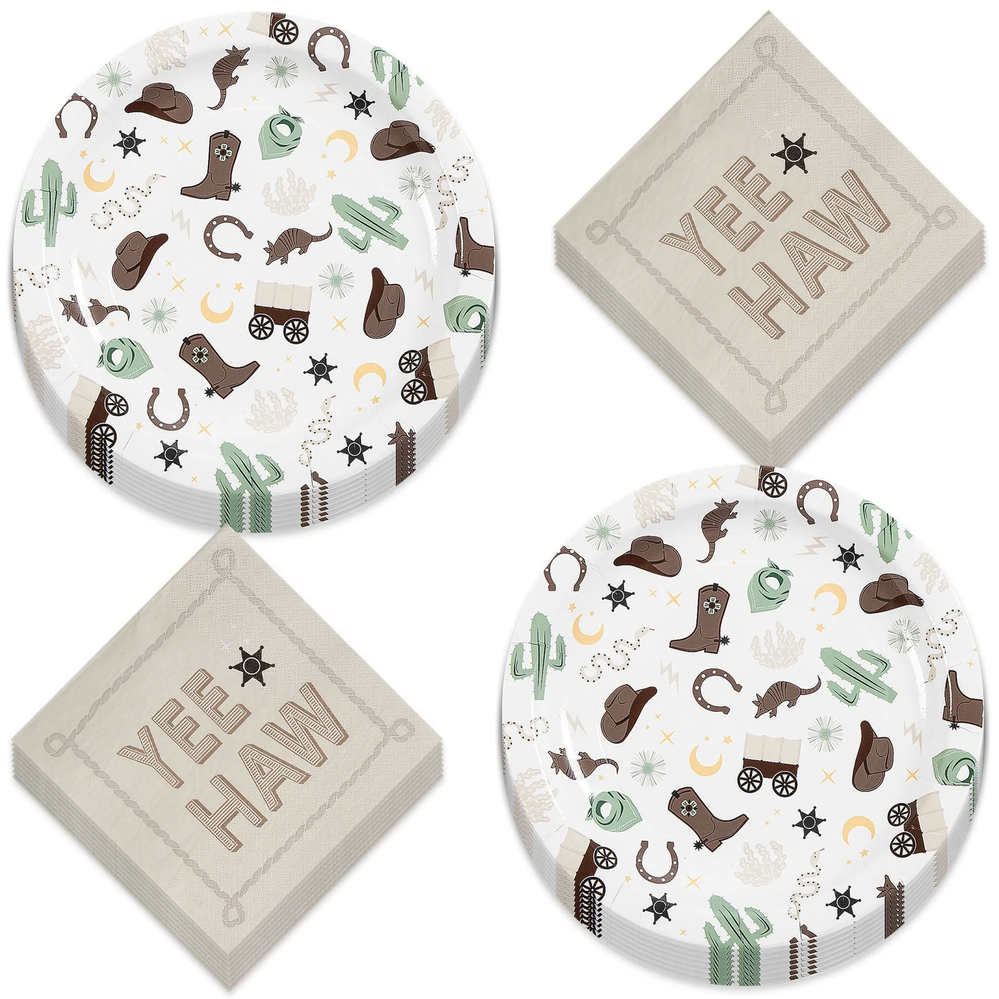 Western Party Supplies - Wild West Round Paper Plates and Yee Haw Napkins (Serves 16)