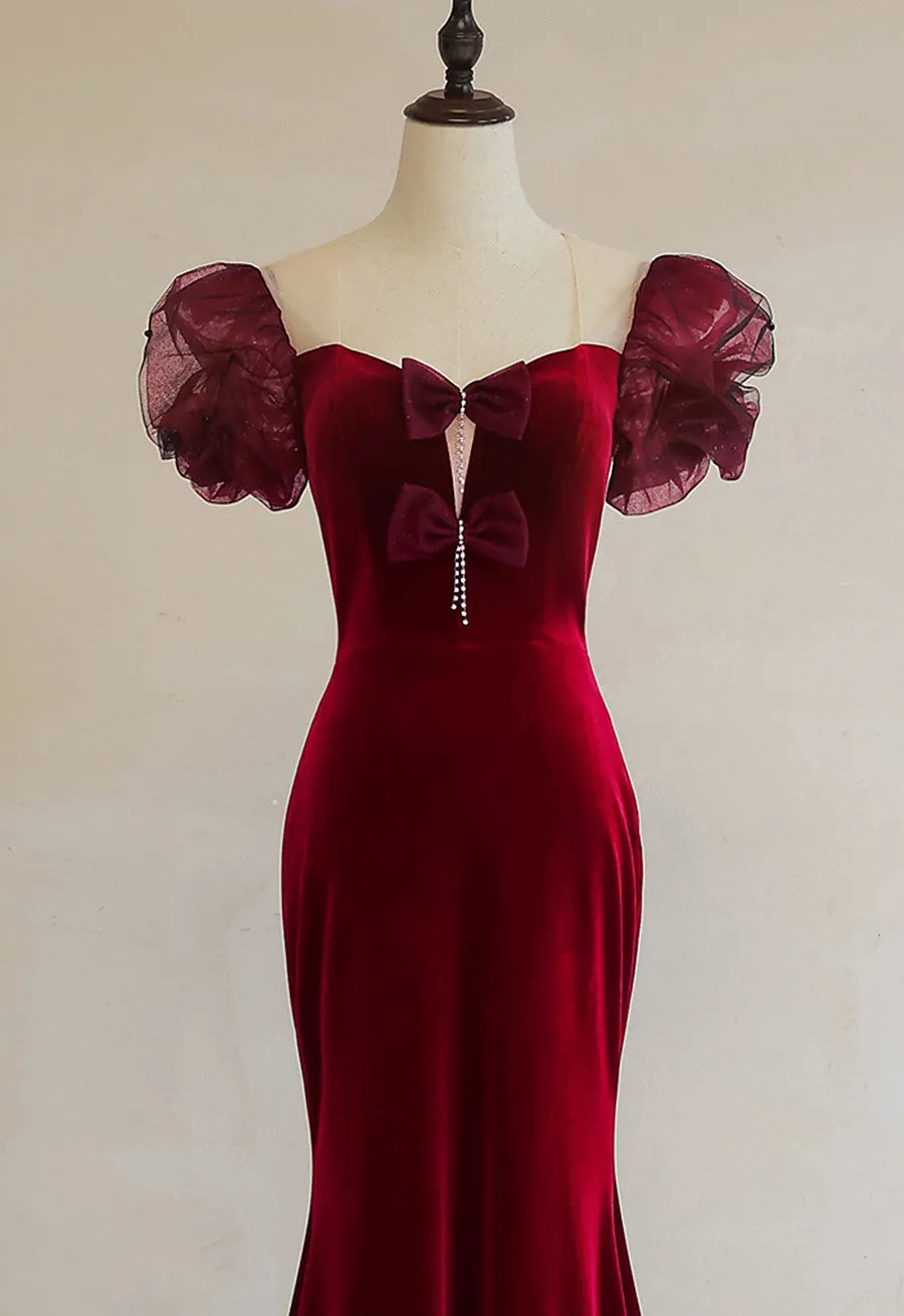 Wine Red Mermaid Long Party Dress with Bow, Wine Red Evening Dress Prom Dress