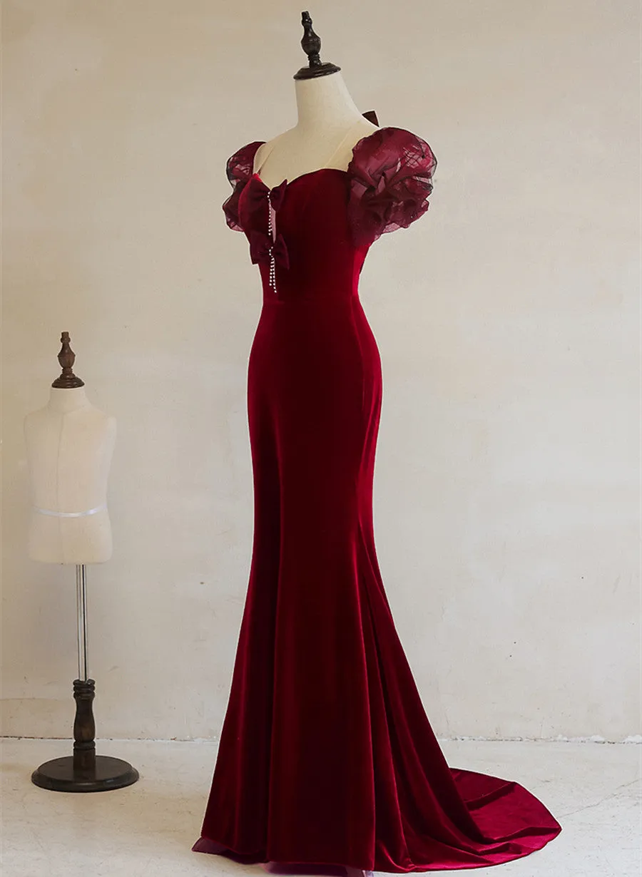 Wine Red Mermaid Long Party Dress with Bow, Wine Red Evening Dress Prom Dress