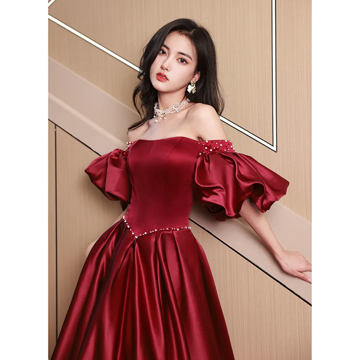 Wine Red Satin Beaded Puffy Sleeves Long Party Dress, Wine Red Long Prom Dress