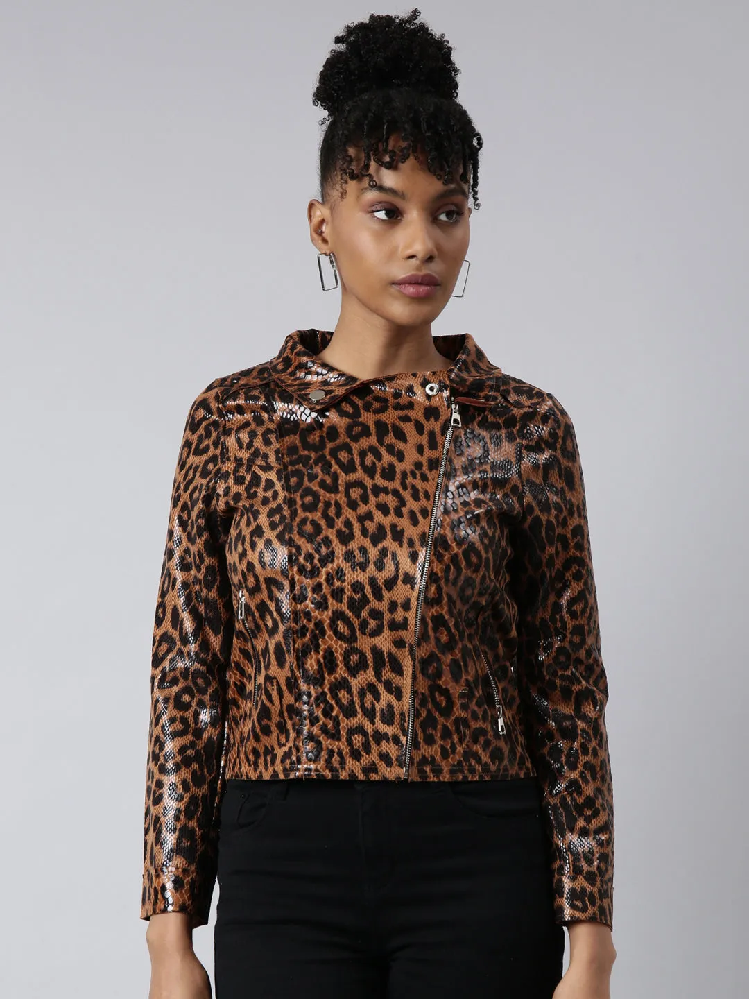 Women Animal Brown Biker Jacket