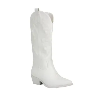 Women embroidered cowgirl boots | Chunky heel pointed toe mid calf boots