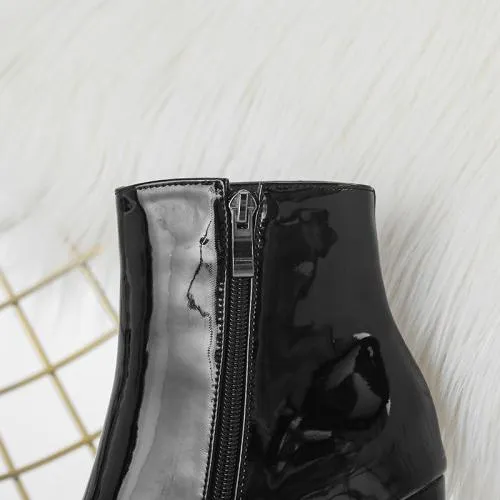 Women metal mirror pointed toe chunky high heel short boots