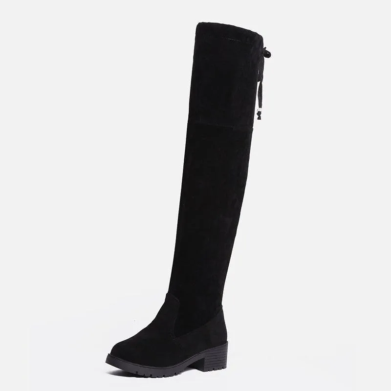 Women over the knee bowknot chunky heel black boots